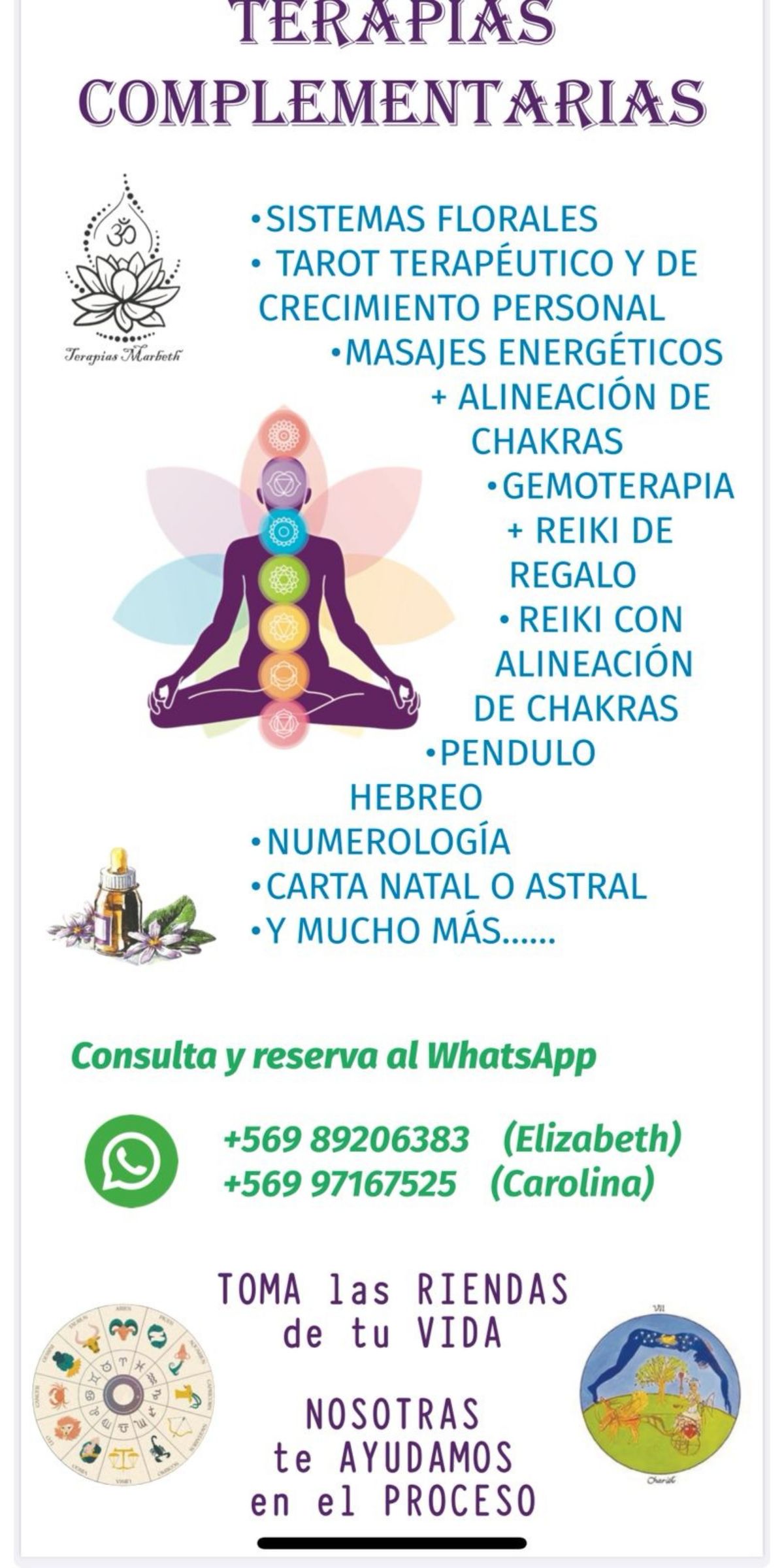 Afiche de Terapias Marbeth: sistemas florales, tarot terapéutico, masajes energéticos, gemoterapia, reiki, péndulo hebreo, numerología y carta natal en Copiapó